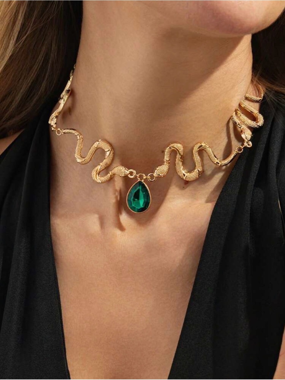 Gold Snake Choker Necklace with Emerald Teardrop Pendant